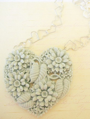 Huge Blue Floral Heart with Silver Heart Chain