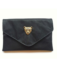 Handmade Black Leather Clutch with Gold Leopard Brooch