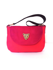 One-Off Handmade Two Tone Pink and Black Kangaroo Leather Handbag with Gold Leopard