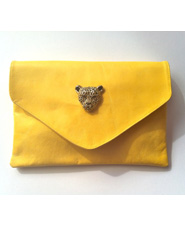 Handmade Yellow Leather Clutch with Gold Leopard Brooch