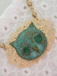Gold Filigree with Patina Owl Necklace